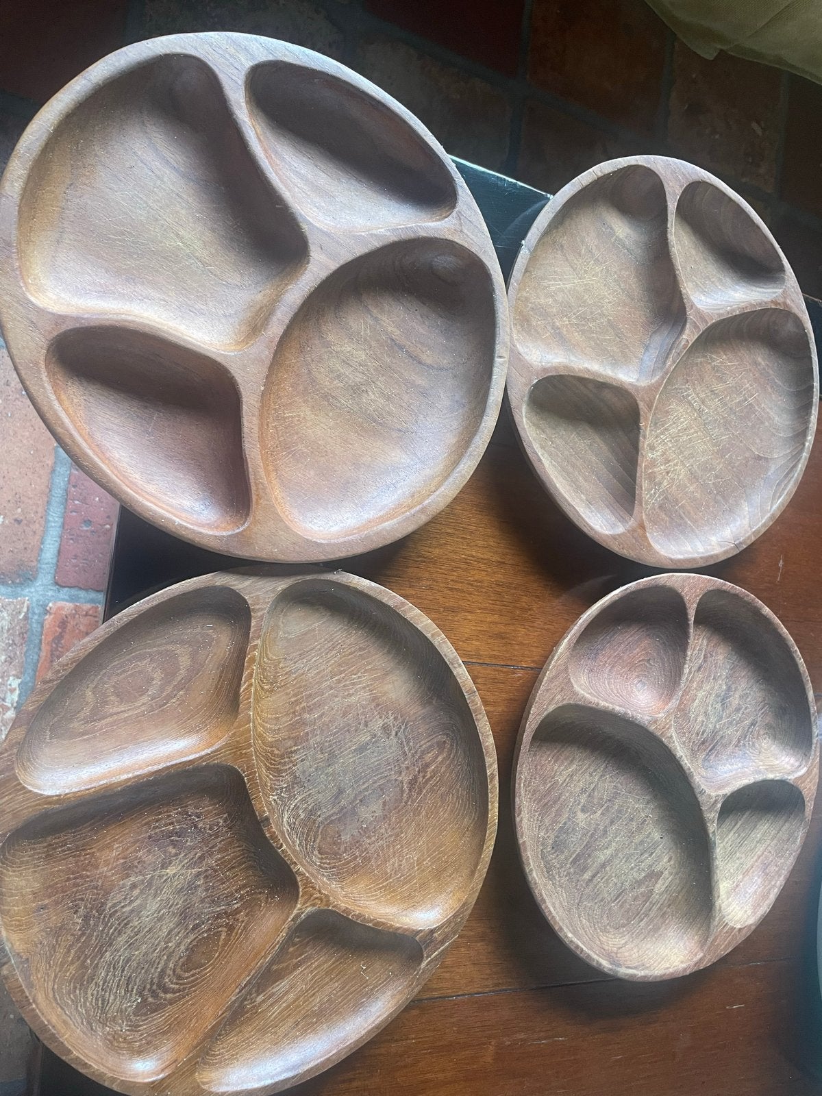 Set van 4 vintage teak houten fondueborden met vakken, Gebruikt, Vintage, Ophalen of Verzenden, Bord(en)