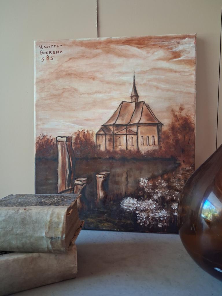 Nude roze bruin schilderij 50 x 60 kerk, Ophalen of Verzenden