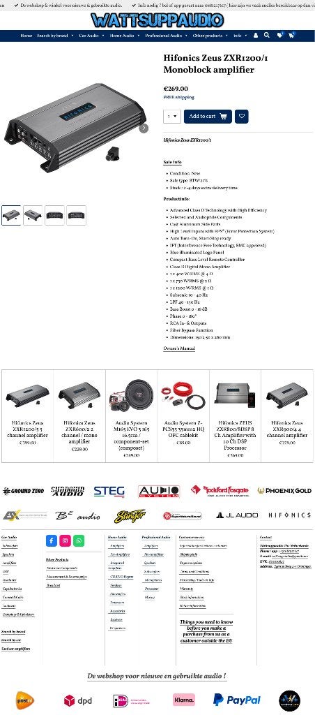 Hifonics Zeus ZXR1200/1 Monoblok versterker 1200W RMS 1 ohm, Auto diversen, Audio Design, Nieuw, Am Breilingsweg 3, 76709 Kronau, Duitsland