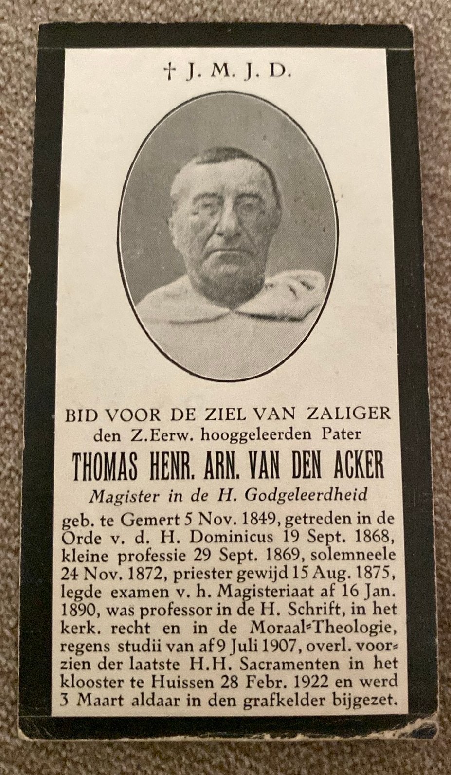 pater ThHN vd Acker 1849 Gemert 1922 Huissen, Ophalen of Verzenden
