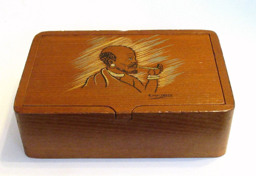 Vintage houten doosje met op het deksel., Ophalen of Verzenden