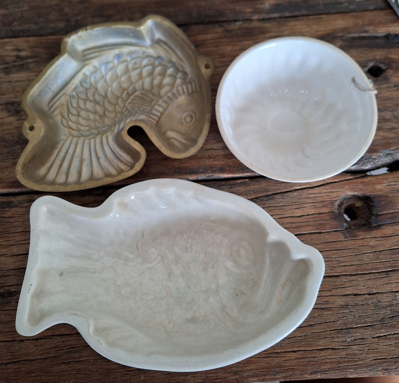 Set van 3 antieke puddingvormen: vis, rond, en koperen vis, Ophalen of Verzenden