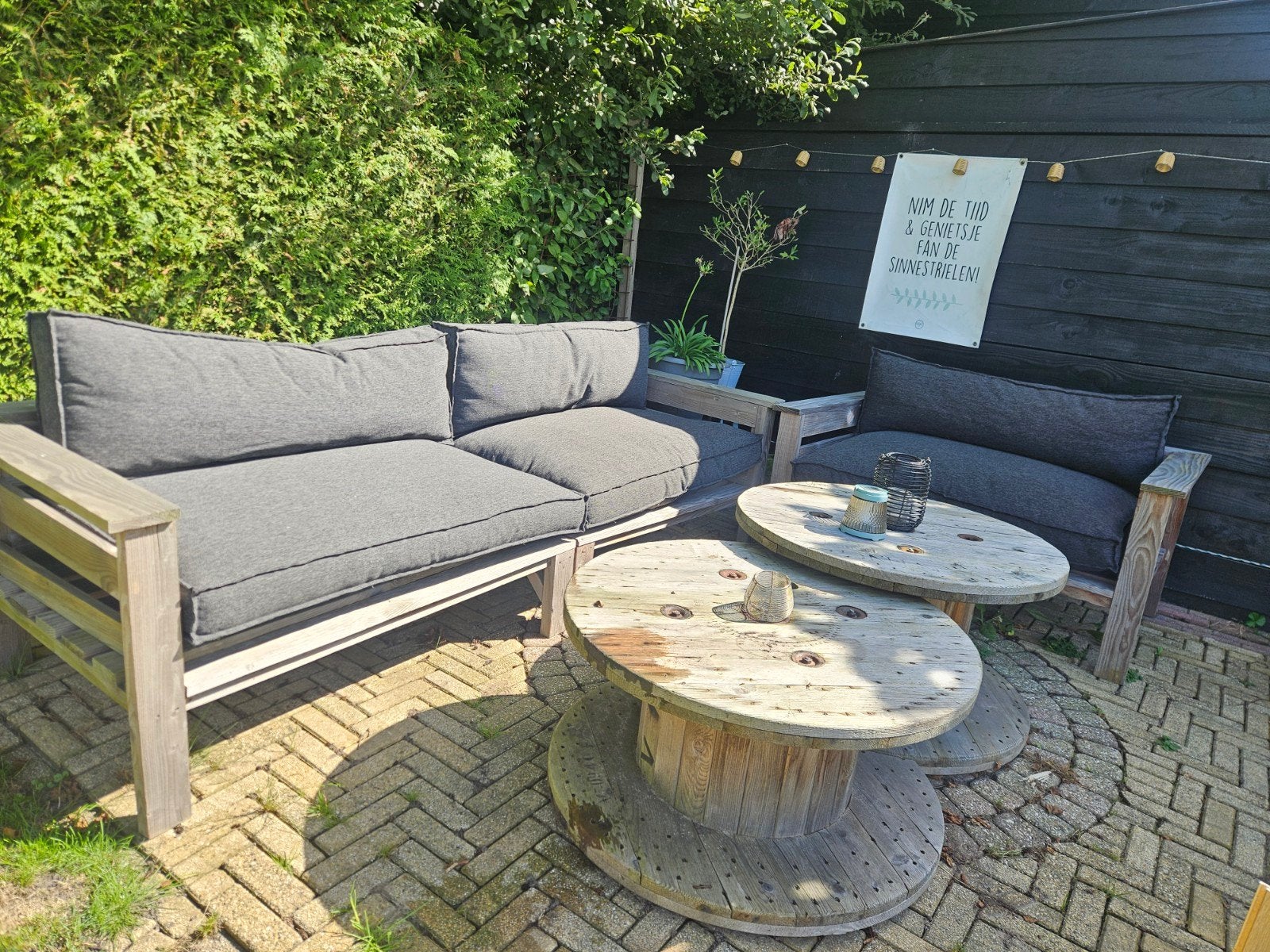 Loungeset, tuinbanken met haspeltafels, Tuin en Terras, Ophalen, 5 zitplaatsen, Zo goed als nieuw, Loungeset