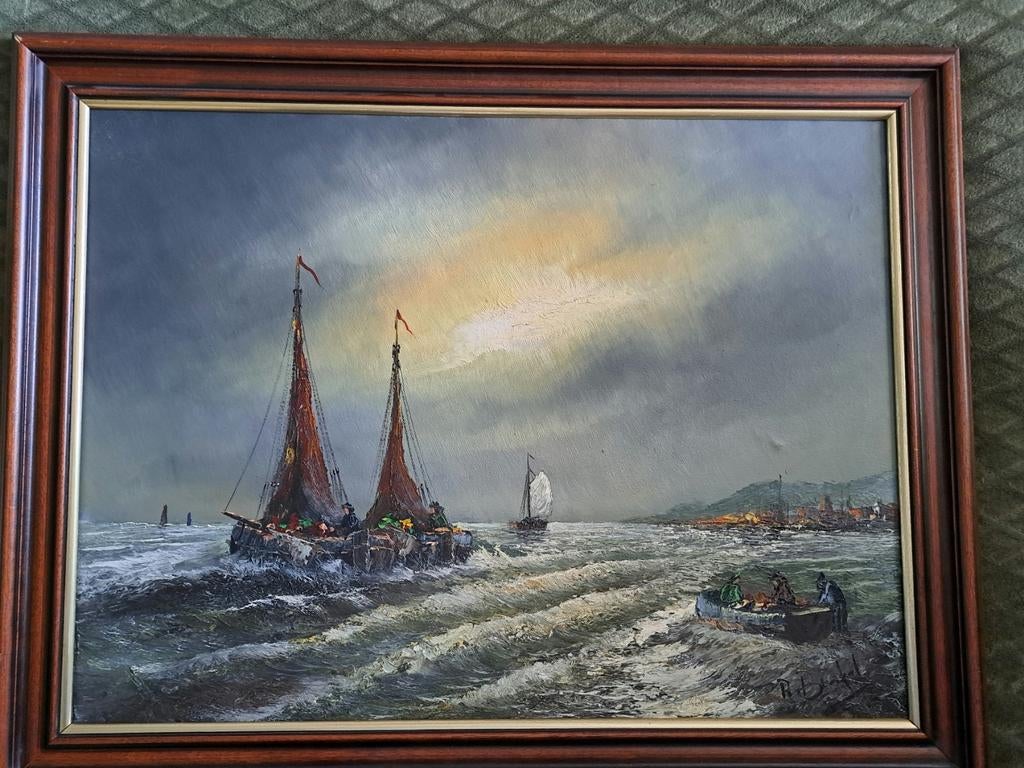 Maritiem olieverfschilderij: Schepen op woelige zee, Antiek en Kunst, Kunst | Schilderijen | Klassiek, Ophalen of Verzenden