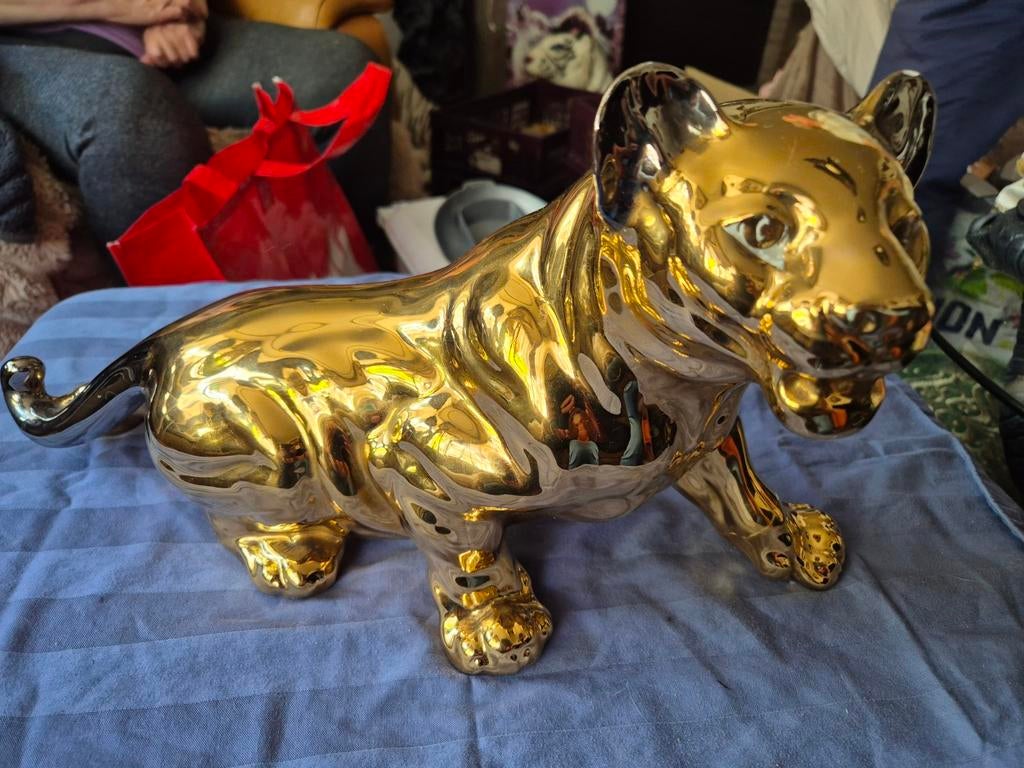 Gouden Panter en 2 olifantenbeelden, Huis en Inrichting, Woonaccessoires | Overige, Ophalen, Gebruikt, Steen/keramiek, Goud