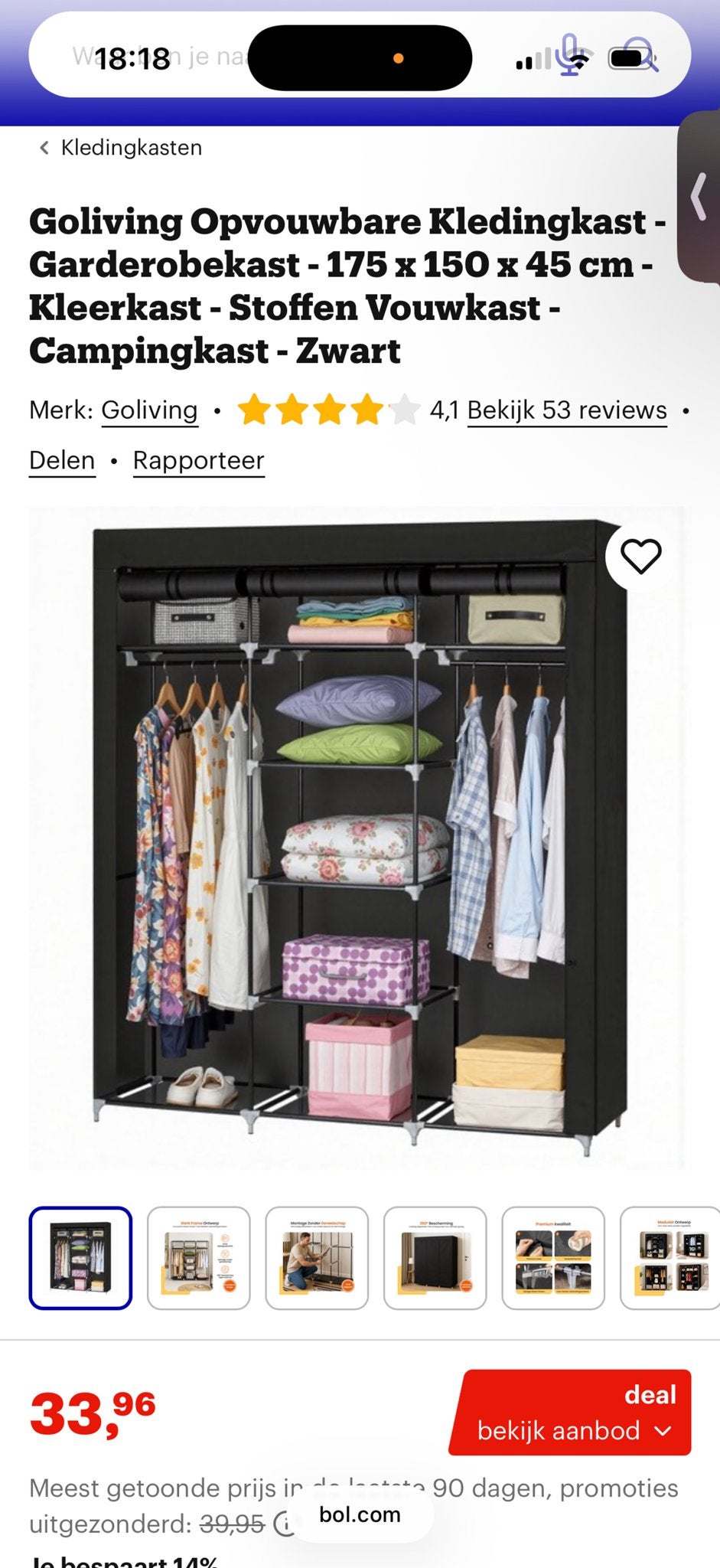 Goliving Opvouwbare Kledingkast - Zwart - 175x150x45cm, Ophalen, Met plank(en), Kunststof, 100 tot 150 cm