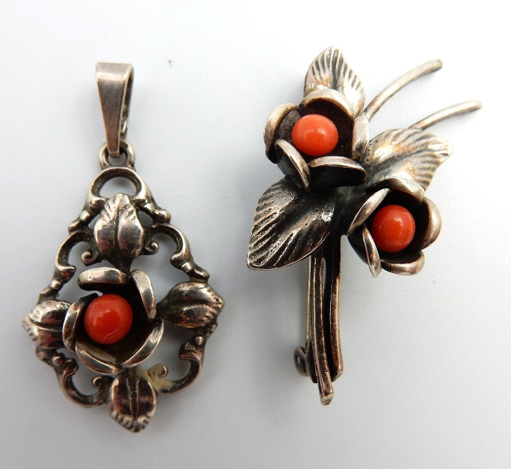 vintage broche en hanger koraal zilver, Ophalen of Verzenden, Zo goed als nieuw, Met edelsteen, Zilver