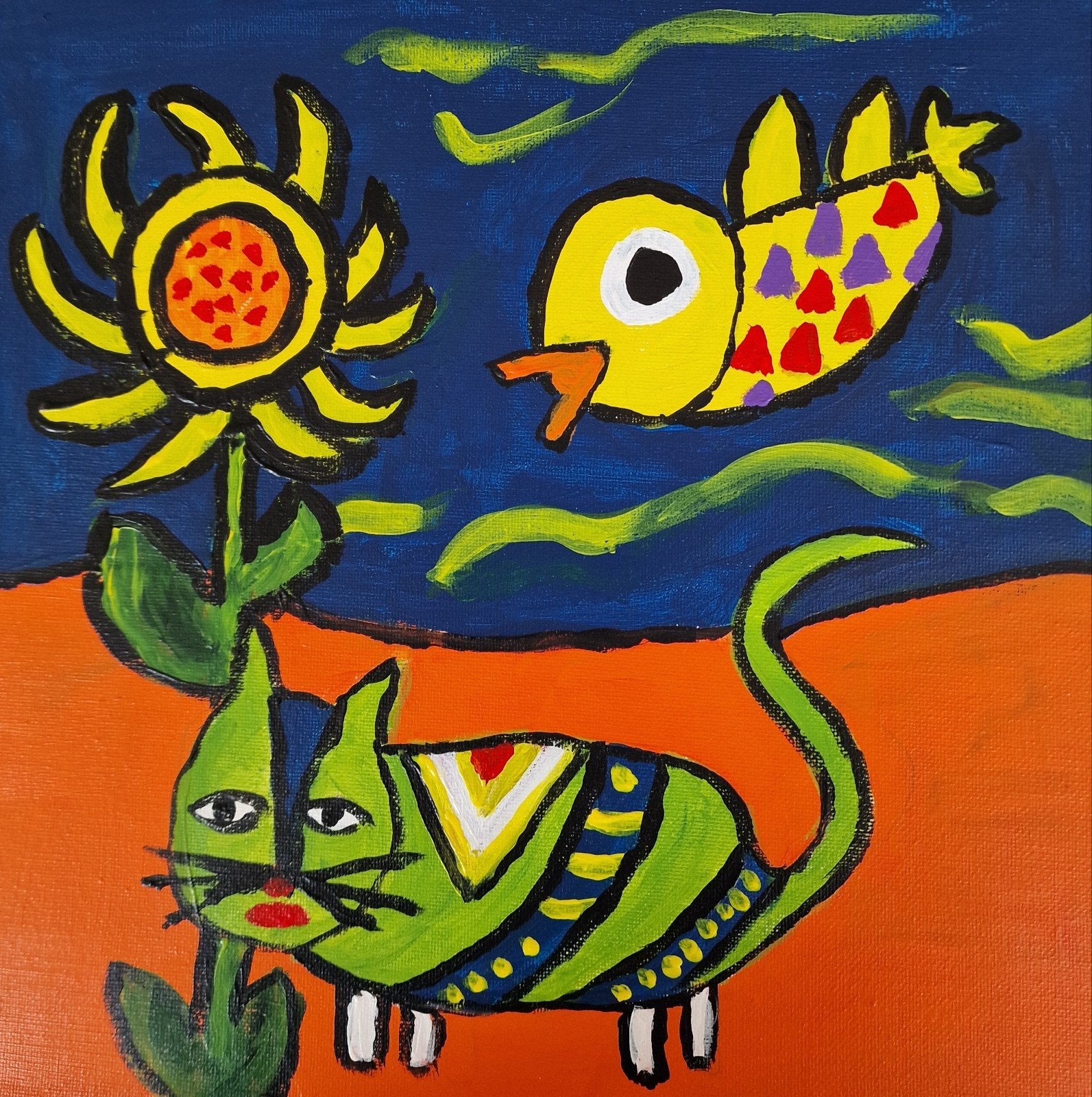 Kleurrijk schilderij: Kat, zonnebloem en vogel, Acrylverf, Ophalen of Verzenden, Dieren, Op houten frame