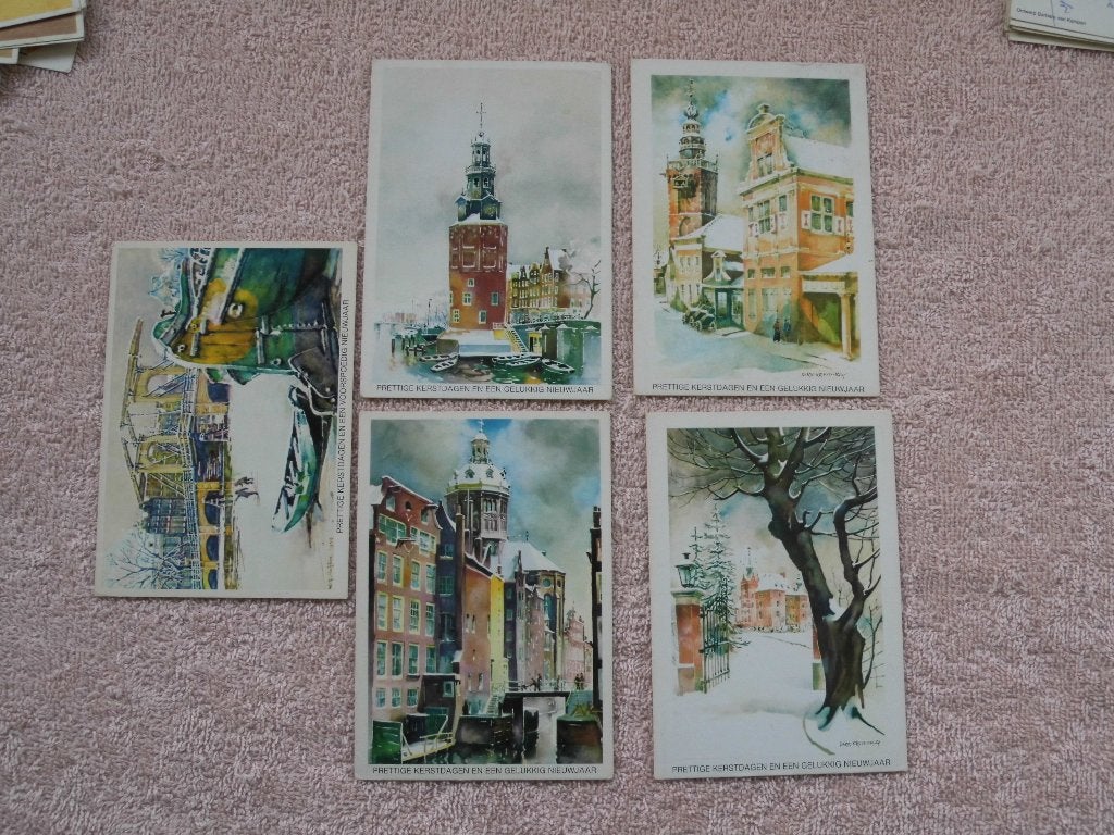 5 maal Winterse Stadsgezichten, Kruizinga / Hofker, Ophalen of Verzenden, 1940 tot 1960, Gelopen, Stad of Dorp