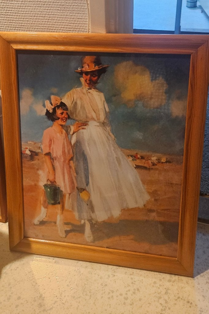 Reproductie Piet van der Hem - Moeder en kind op strand, Doek, Portret of Personen, Realistisch, Ophalen of Verzenden