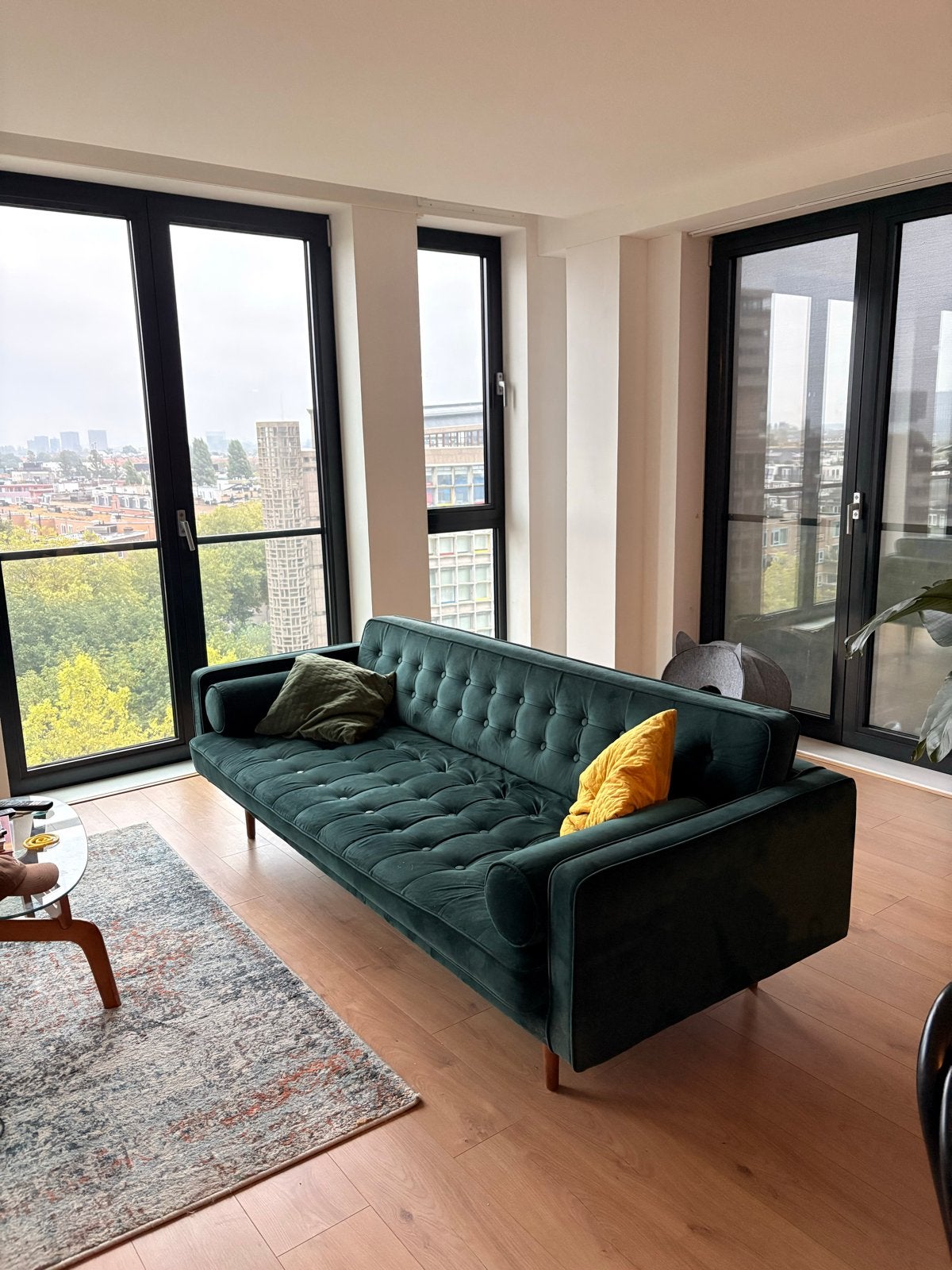 Luxe Groene Fluweel Driepersoonsbank, Ophalen, Gebruikt, Driepersoons, 75 tot 100 cm