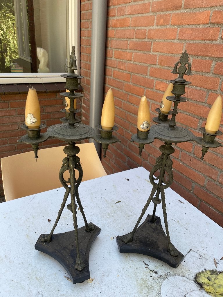 Belgische kandelaars jugendstihl, Antiek en Kunst, Antiek | Kandelaars, Ophalen, Koper of Brons