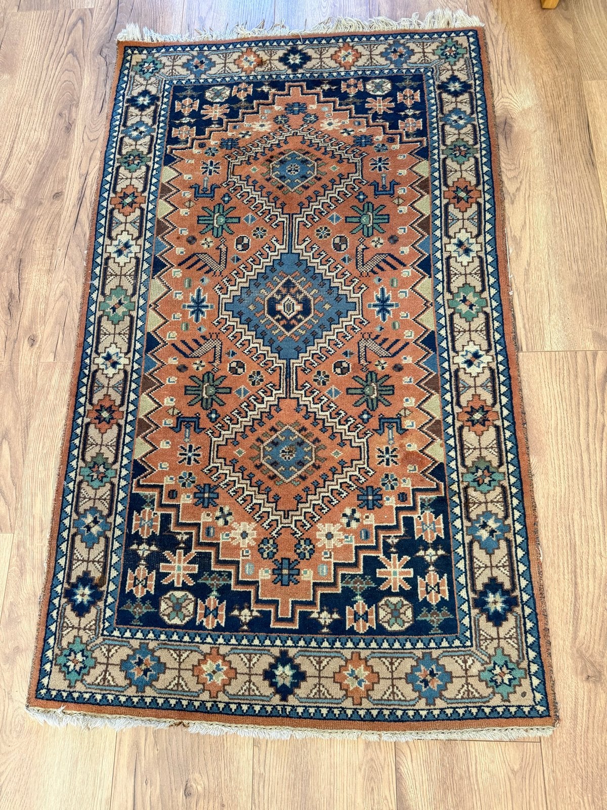 Handgeknoopt Perzisch tapijt 93x155 cm, Huis en Inrichting, Stoffering | Tapijten en Kleden, Ophalen, Gebruikt, Blauw, 50 tot 100 cm