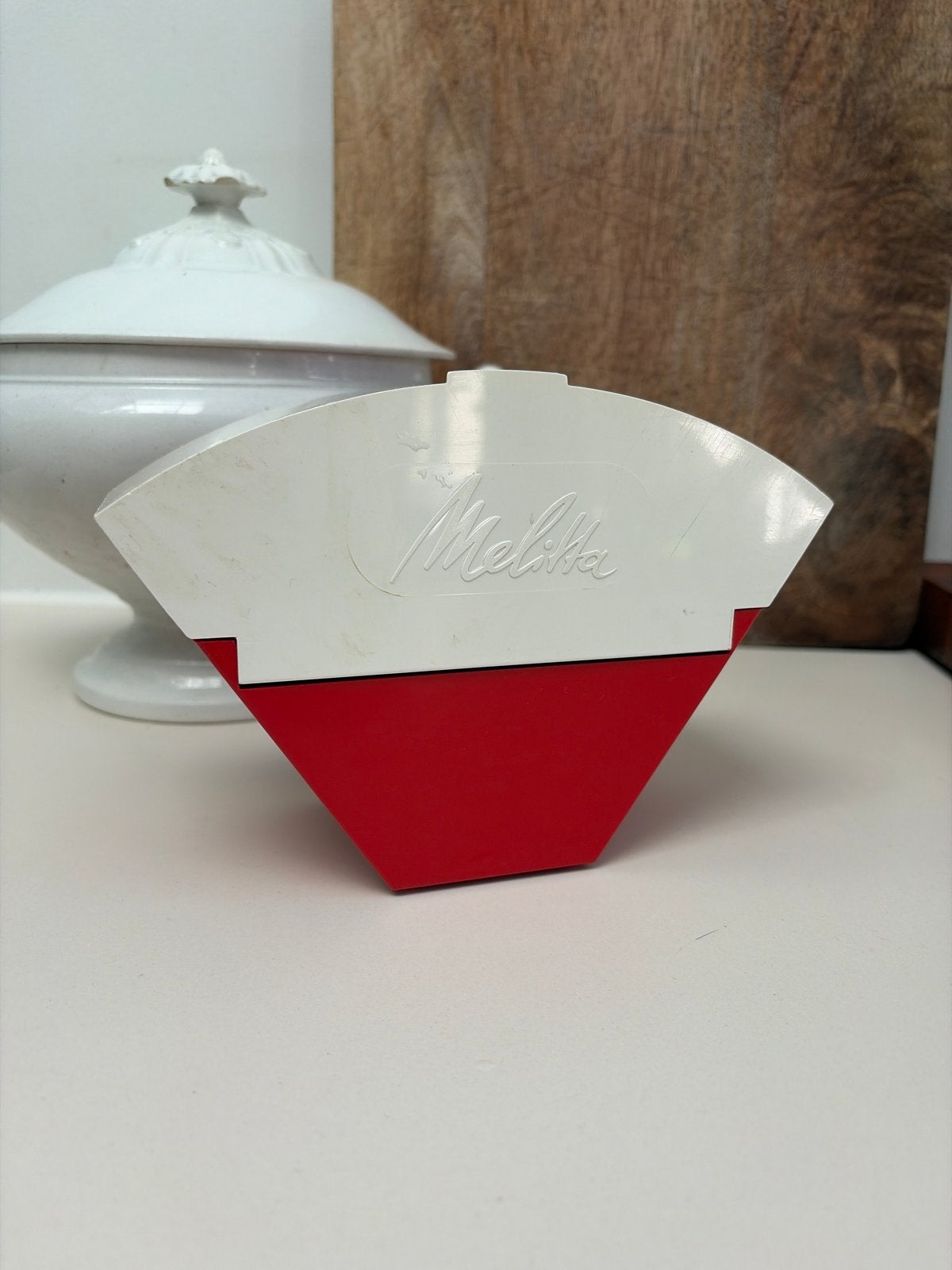 Melitta koffiefilterzakjes houder rood/wit vintage, Ophalen of Verzenden, Gebruikt, Overige modellen, Overige typen
