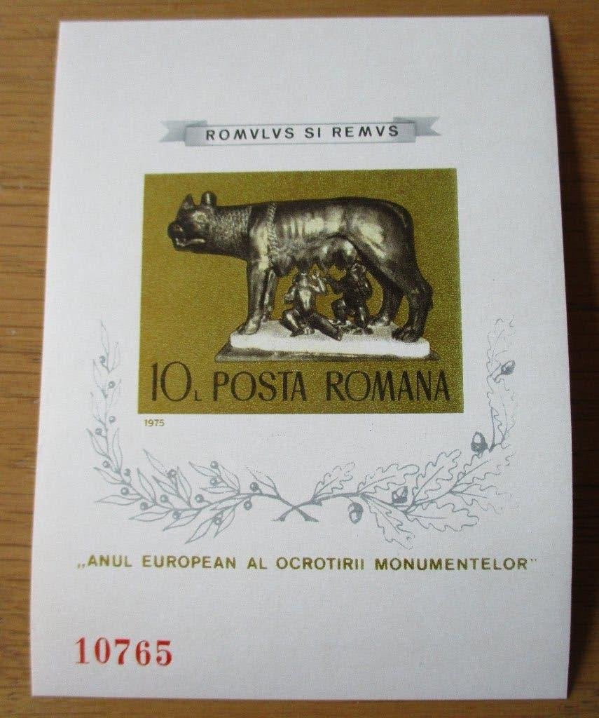 Roemenië, ongetand blokje Wolvin met Romulus en Remus, 1975, Verzenden, Overige landen, Postfris