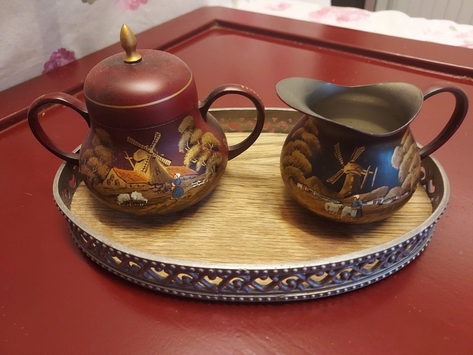 tinnen roomstel op dienblad., Antiek en Kunst, Antiek | Servies compleet, Ophalen of Verzenden