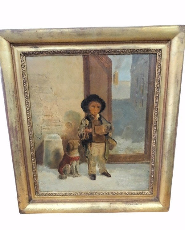 19de eeuws schilderij "jongen met hondje", Ophalen of Verzenden