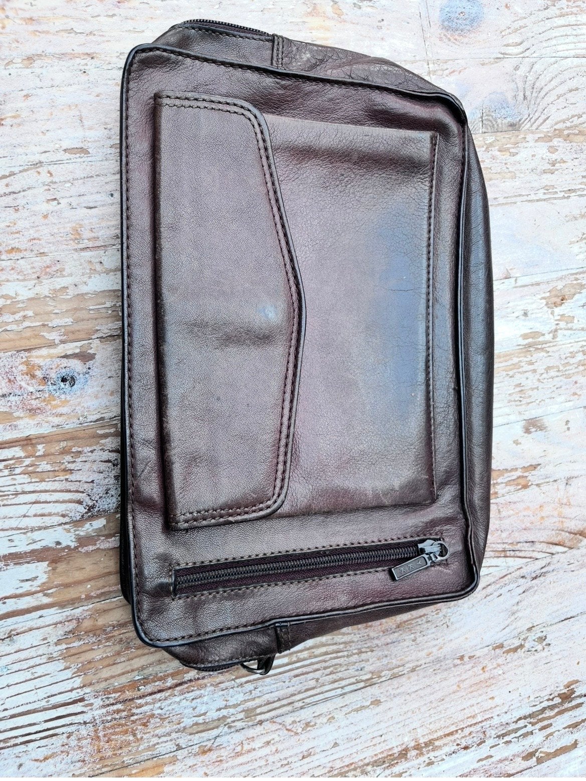 Vintage heren polstas - Bruin leer, Overige merken, Gebruikt, Minder dan 30 cm, Ophalen of Verzenden