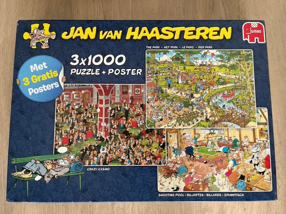 Jan van Haasteren 3x1000 stukjes puzzel + 3 posters, Hobby en Vrije tijd, Ophalen, Meer dan 1500 stukjes, Gebruikt, Legpuzzel