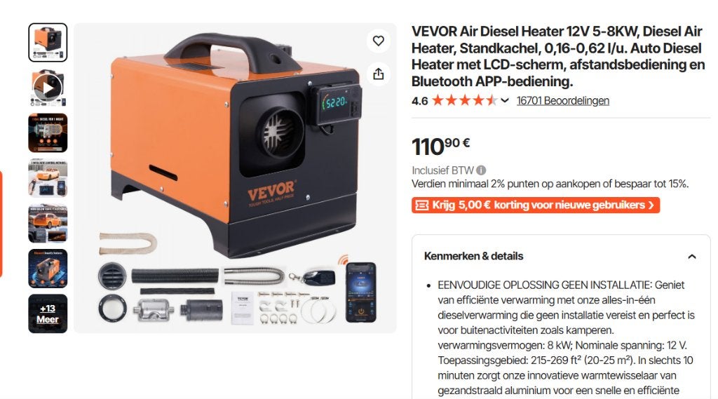 VEVOR 8 kW 12V dieselkachel / standkachel + 2 jerrycans, Ophalen, 30 tot 80 cm, Hoog rendement (Hr), Kachel