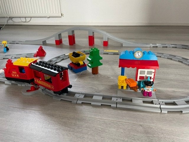 LEGO Duplo Stoomtrein10874 - brug 10872 - veel rail 10882, Ophalen, Overige thema's, Zo goed als nieuw, Duplo