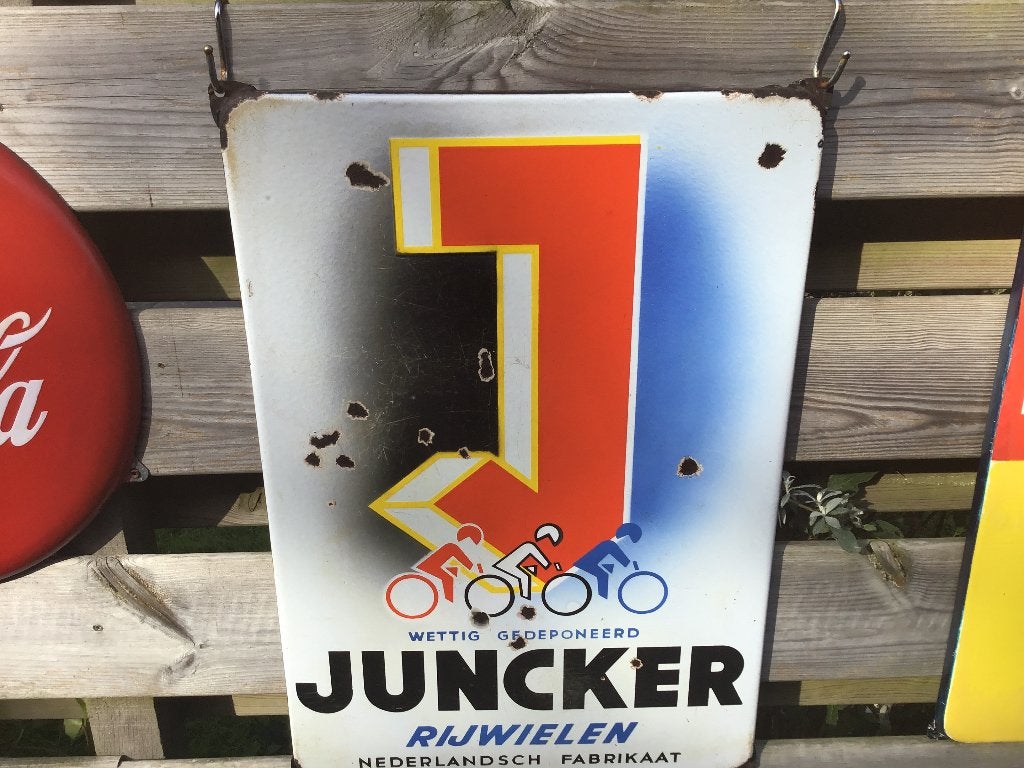 Juncker Rijwielen emaille reclamebord, Ophalen, Gebruikt, Reclamebord