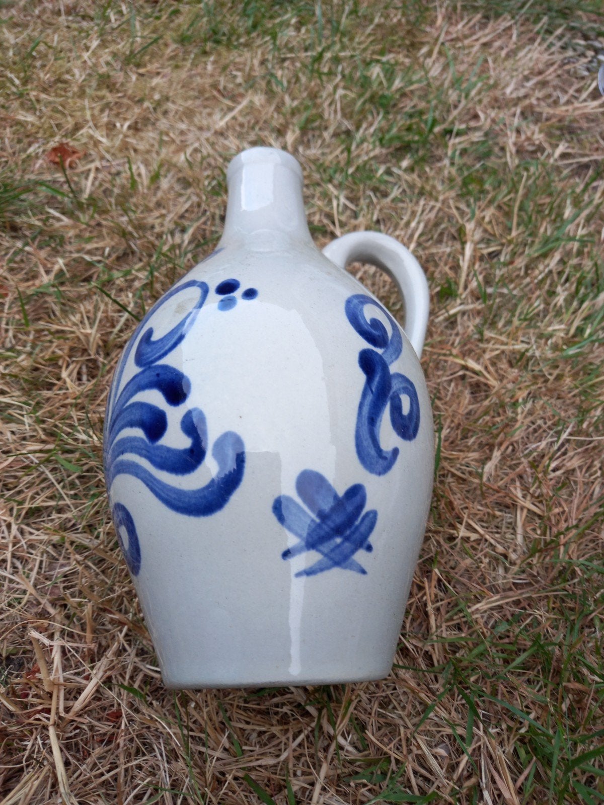 Vintage aardewerken kruik met blauw decor, Ophalen of Verzenden