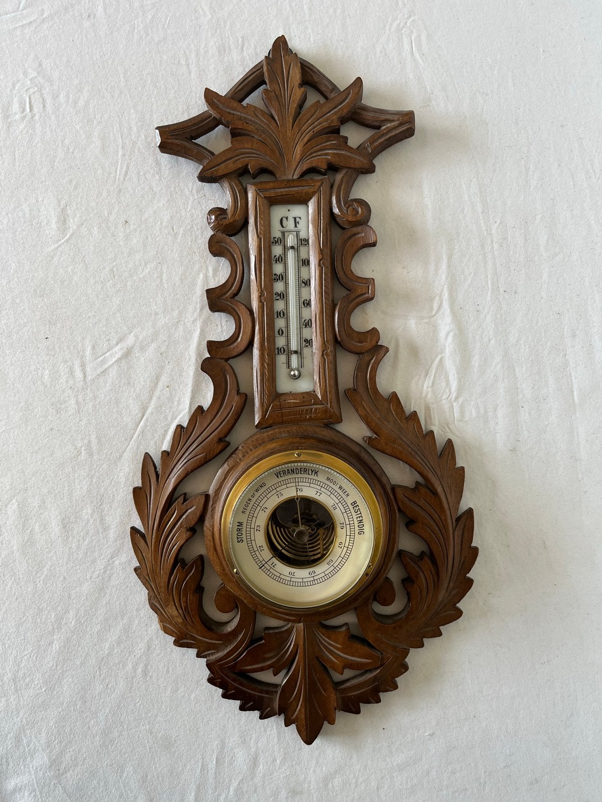 Antieke Wandbarometer met Kwikthermometer - Houtsnijwerk, Antiek en Kunst, Ophalen of Verzenden
