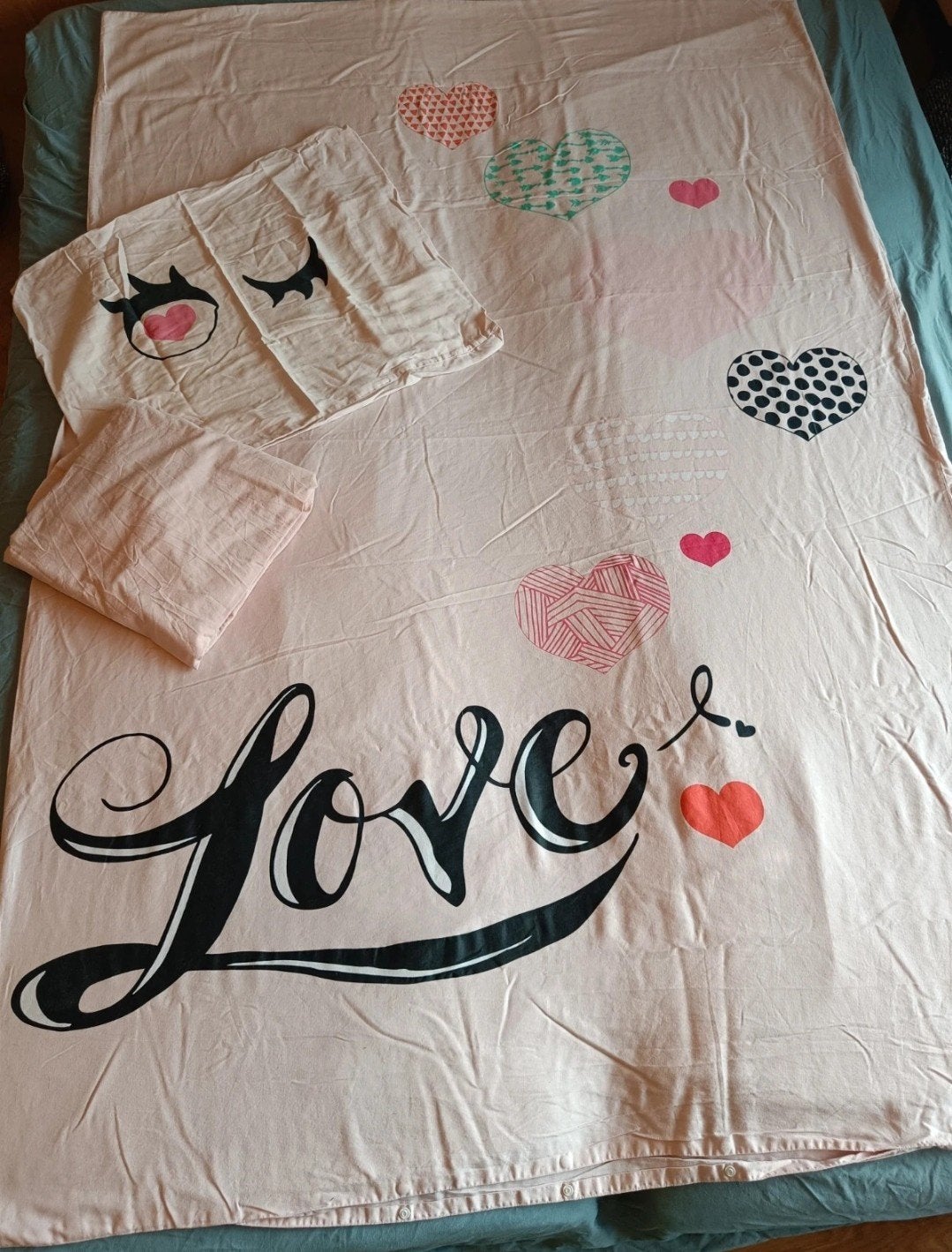 Roze dekbedovertrek met 'Love' en Hartjes - Tweepersoons, Gebruikt, Eenpersoons, Dekbedovertrek, Katoen