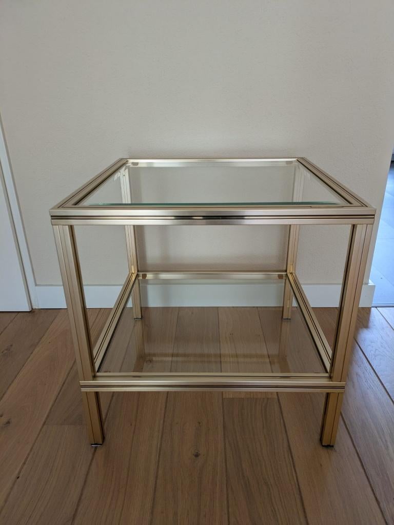 Pierre Vandel Paris glazen bijzettafel / salontafel, Huis en Inrichting, Tafels | Bijzettafels, Gebruikt, Vierkant, 45 tot 60 cm