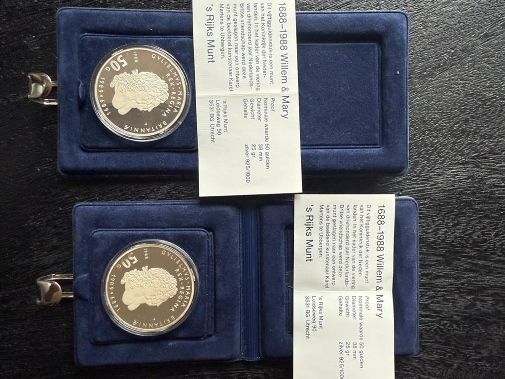 Te koop 2x Zilveren Vijftig gulden munten PROOF staat, Postzegels en Munten, Munten | Nederland, Koningin Beatrix, Zilver, Ophalen of Verzenden