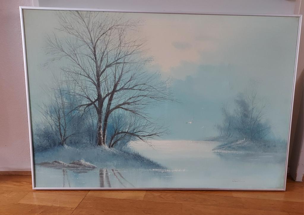 Groot olieverf schilderij in blauwtinten met aluminium lijst, Ophalen