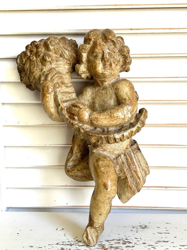 Antiek houten Putti Cherubijn met hoorn des overvloeds, Antiek en Kunst, Kunst | Beelden en Houtsnijwerken, Ophalen