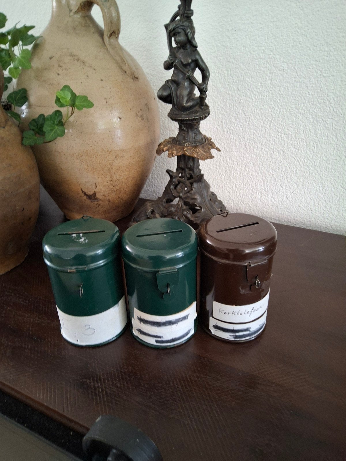 Set van 3 vintage spaarpotten, 12 cm hoog, Ophalen of Verzenden