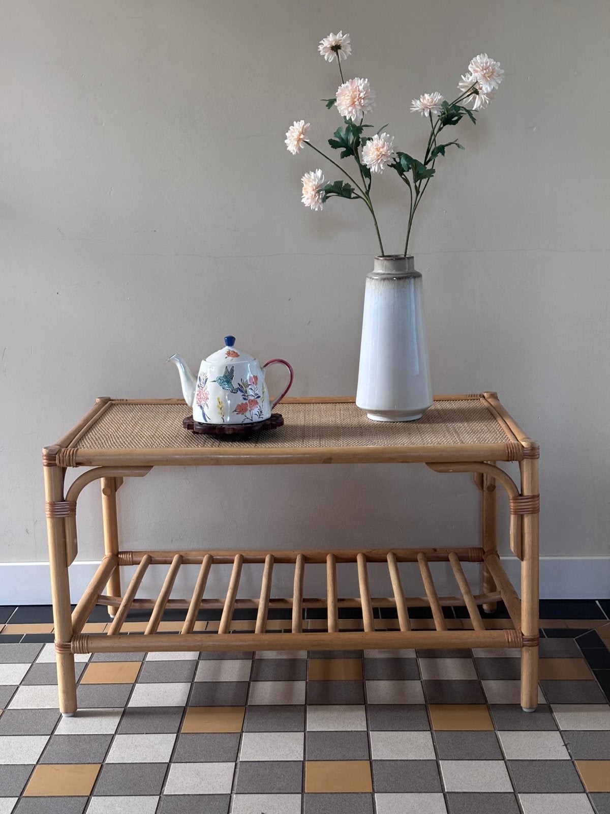 Vintage salontafel tafel bijzettafel bamboe riet webbing, Huis en Inrichting, Tafels | Salontafels, Overige materialen, Jaren 80