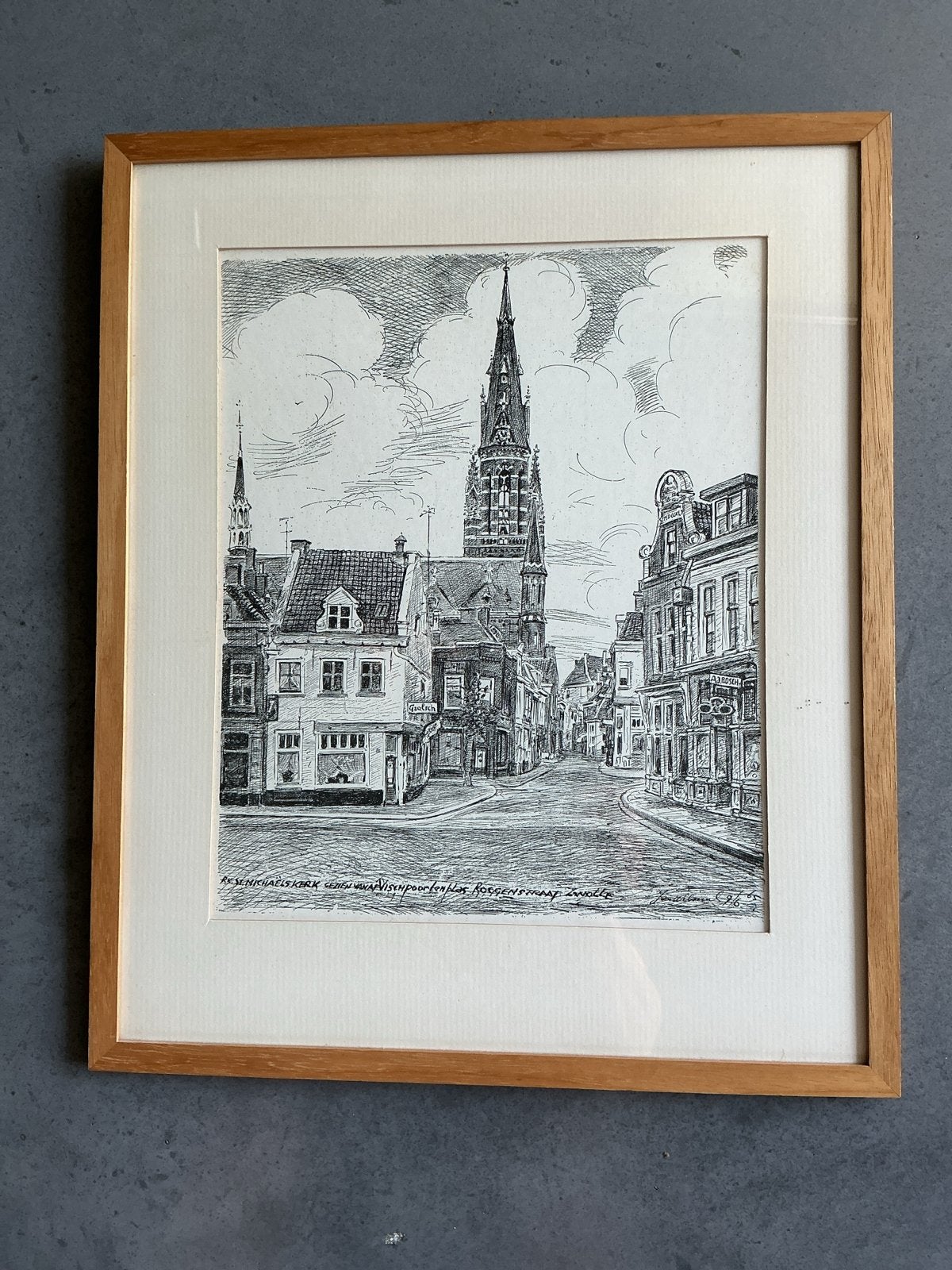 Pentekening Jan Wilmink 1965 Michaëlskerk Zwolle (gesloopt), Ophalen, Tekening, Pentekening, Achter glas