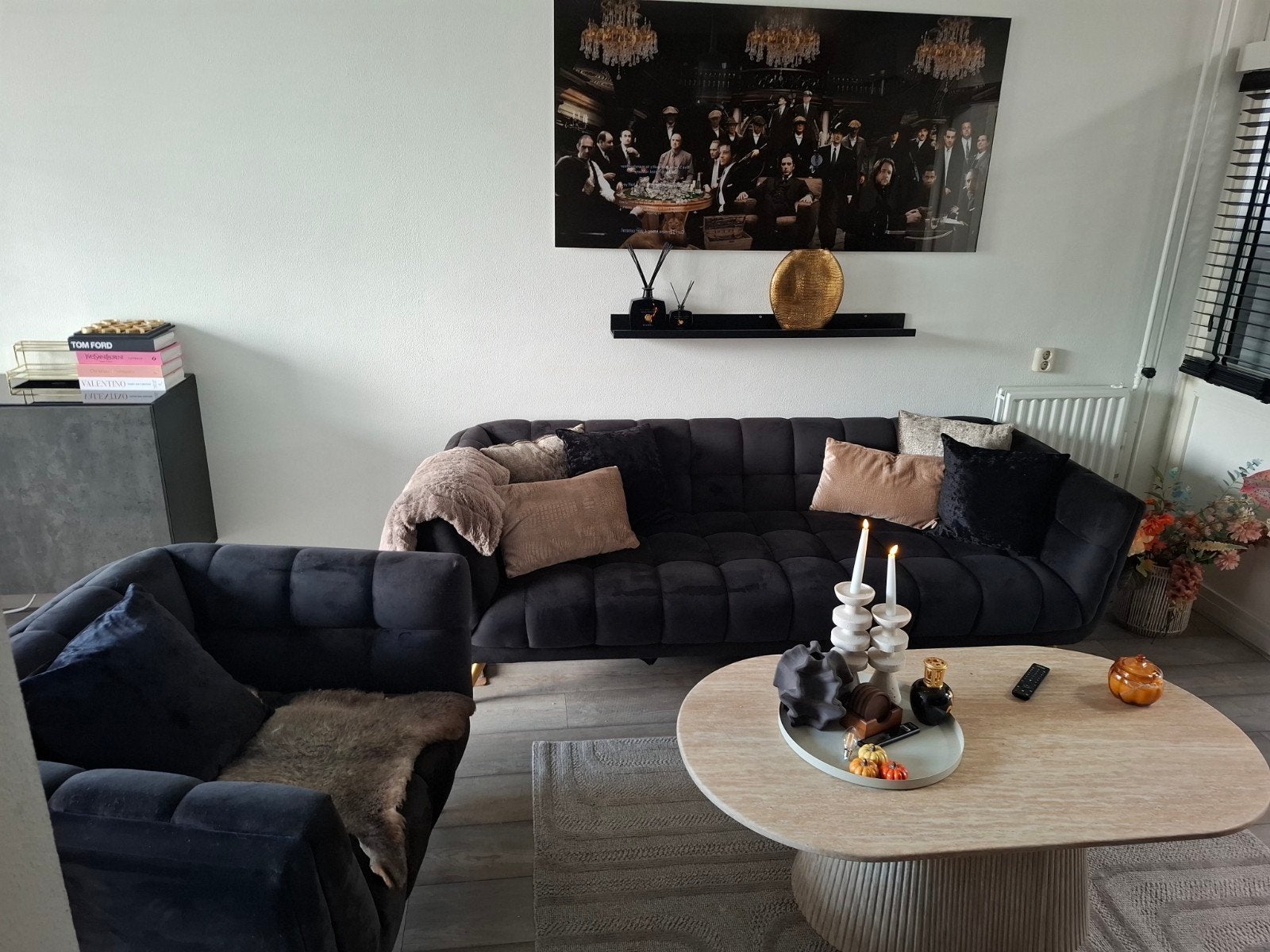 Richmond Interiors Huxley Bank & Fauteuil Zwart Velvet, Ophalen, 75 tot 100 cm, Minder dan 150 cm