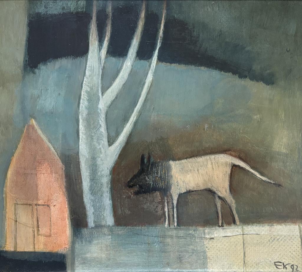 Edzard Krol (1938) - hond bij boom en huis (1992), Antiek en Kunst, Ophalen of Verzenden