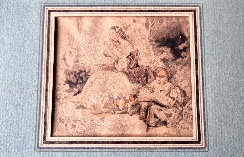 Antieke tekening in houten lijstje, omstreeks 1850, Overige stijlen, Origineel werk, Verzenden, Portret of Personen
