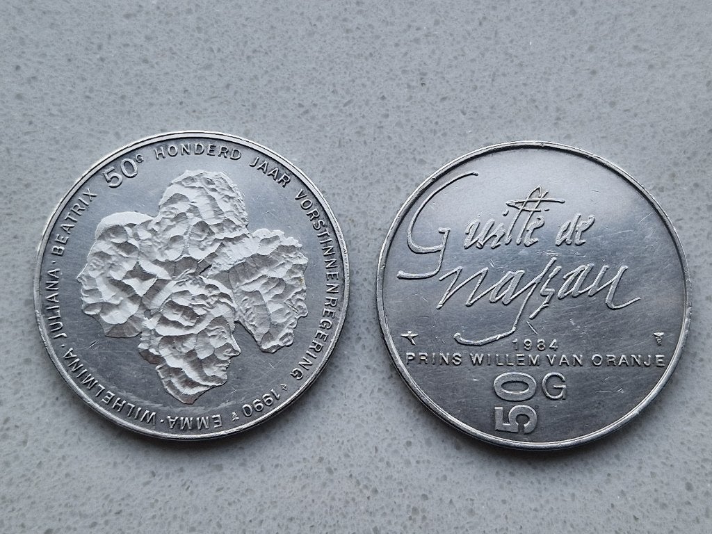 Zilveren 50 Gulden munten uit 1990 en 1984, Ophalen, Koningin Beatrix, Zilver, Losse munt