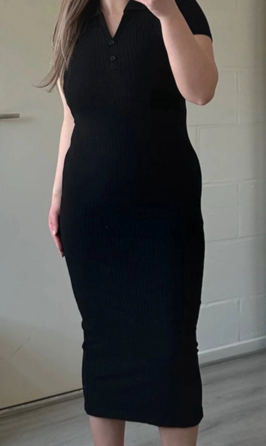 Zara midi jurk zwart met stretch, ribstofje en kraagje, Zwart, Ophalen of Verzenden, Zo goed als nieuw, Maat 36 (S)