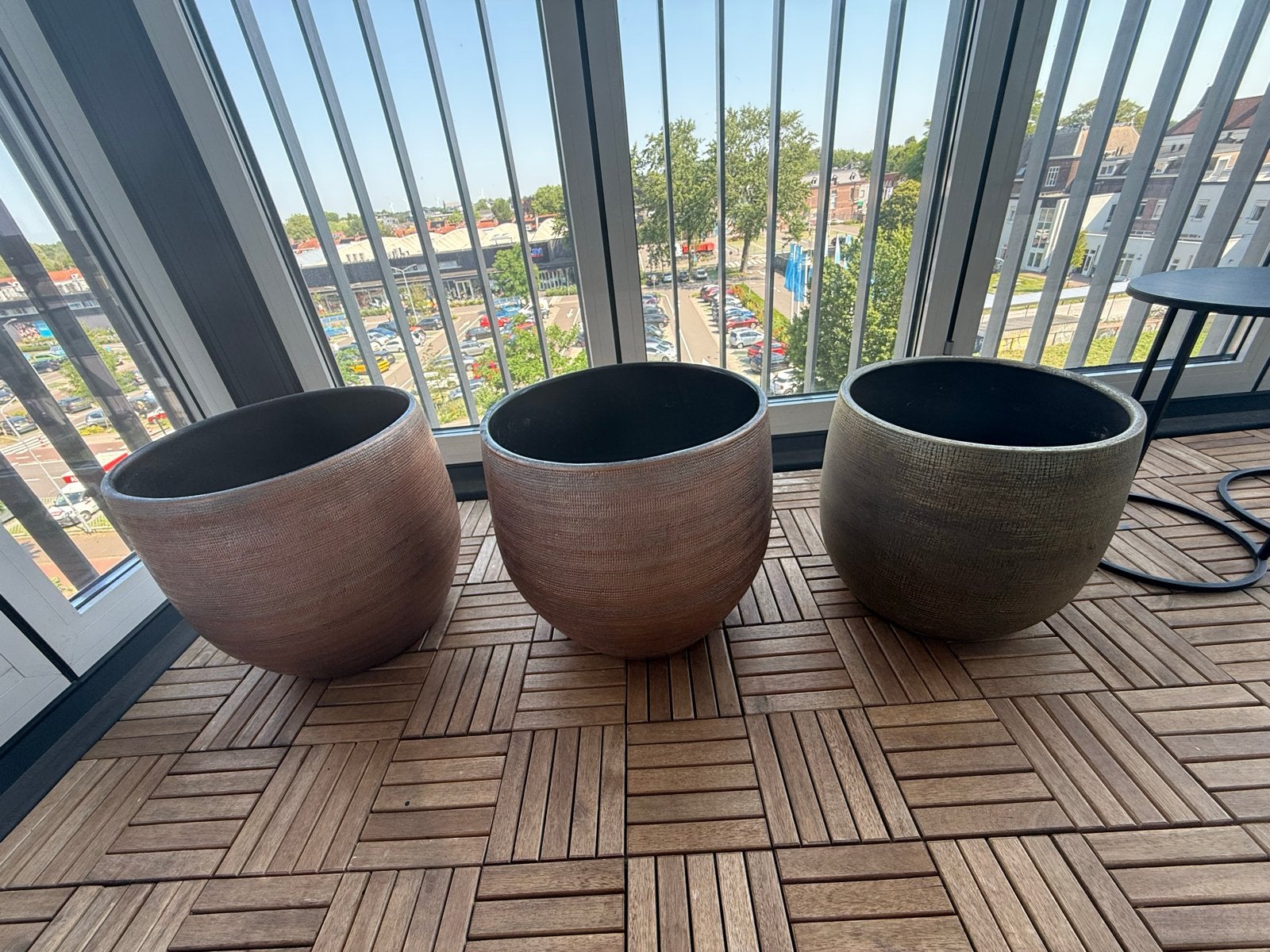 Set van 3 ronde bloempotten, diverse maten, Tuin en Terras, Bloempotten, Overige materialen, Gebruikt, Rond, Binnen