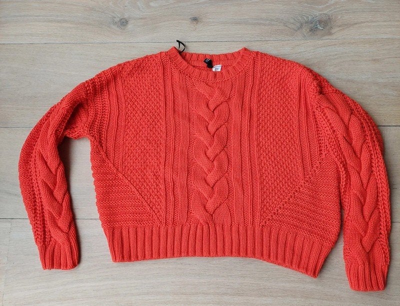 H&M Oranje Gebreide Trui met Kabelpatroon Maat S, Kleding | Dames, H&M, Ophalen of Verzenden, Zo goed als nieuw, Maat 36 (S)