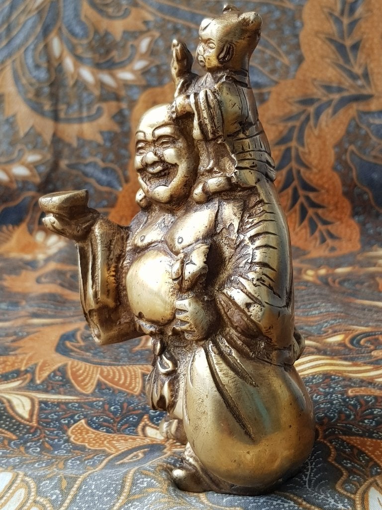 Mooi zwaar oud Chinees brons beeldje van Boeddha met kind., Antiek en Kunst, Handgemaakt, Ophalen of Verzenden, China, Brons