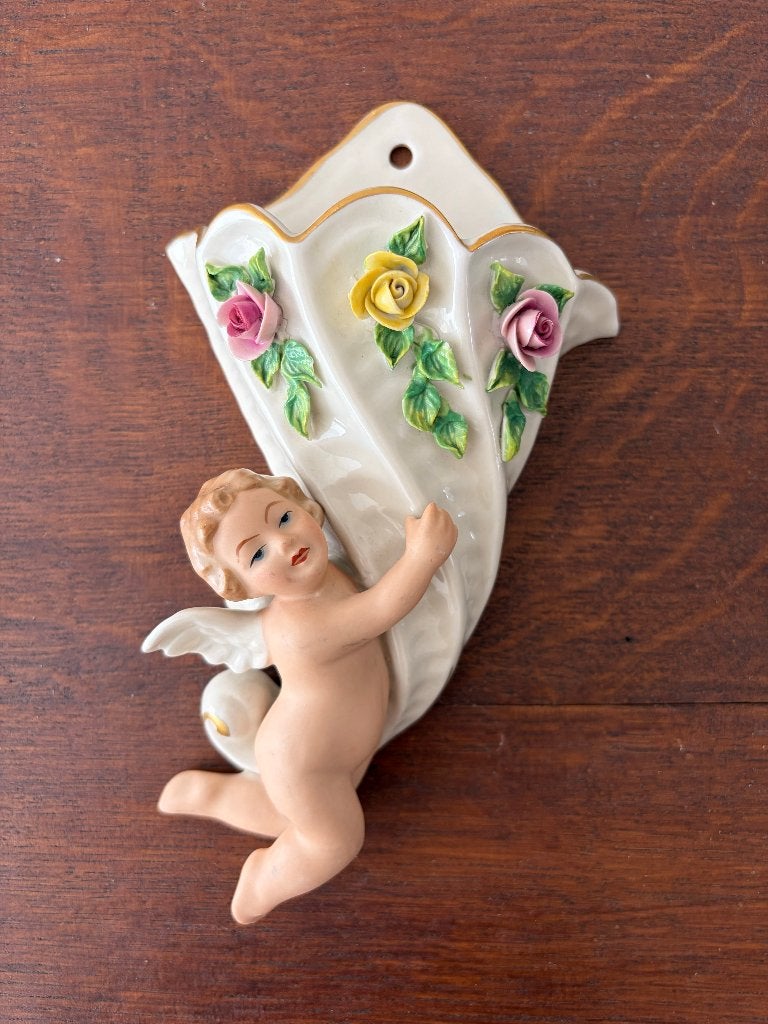 Vintage Dresden porseleinen wandvaasje met cherub/putto, Ophalen of Verzenden