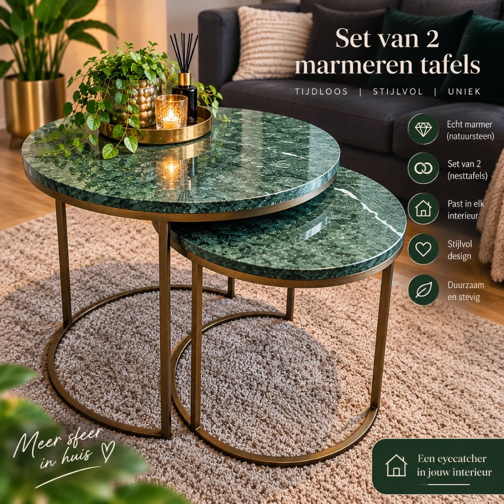 2 marmeren tafeltjes set, Overige materialen, Minder dan 55 cm, Rond, Zo goed als nieuw