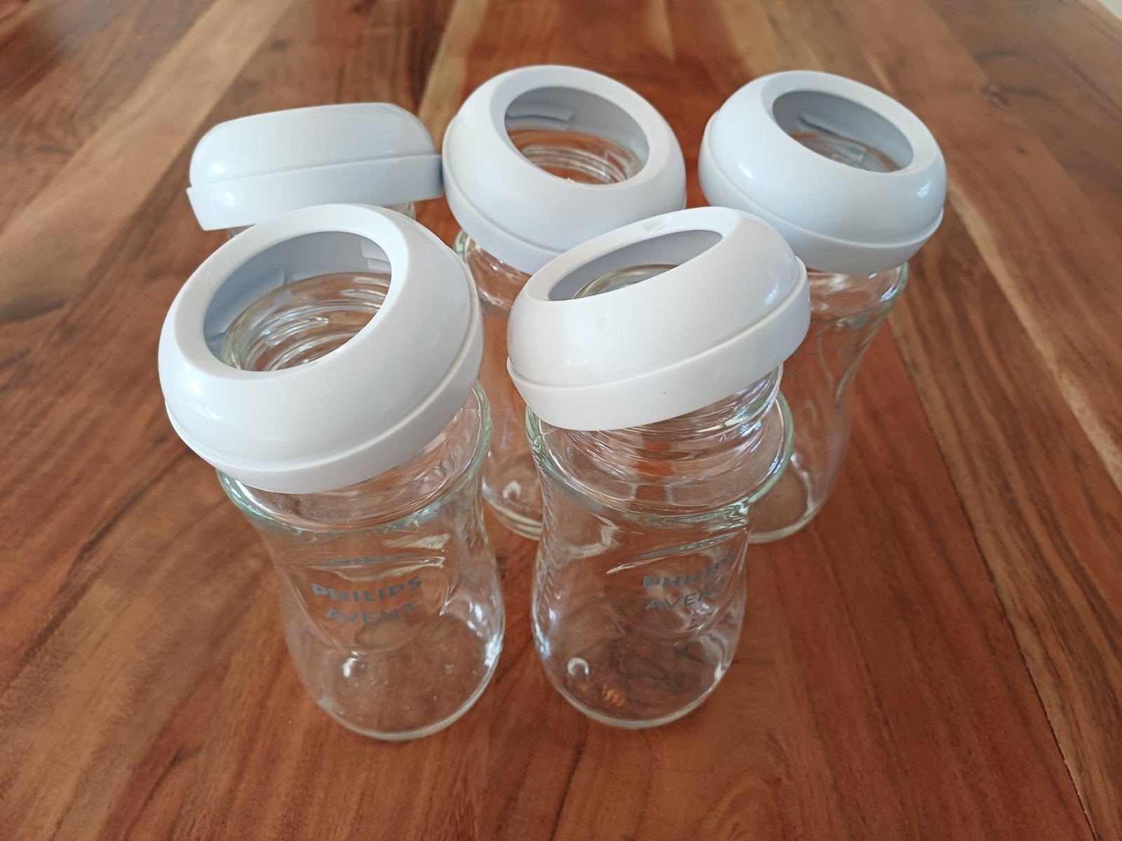 5x Philips Avent glazen flessen 240ml + spenen en doppen, Gebruikt, BPA-vrij, Babyfles, Philips Avent
