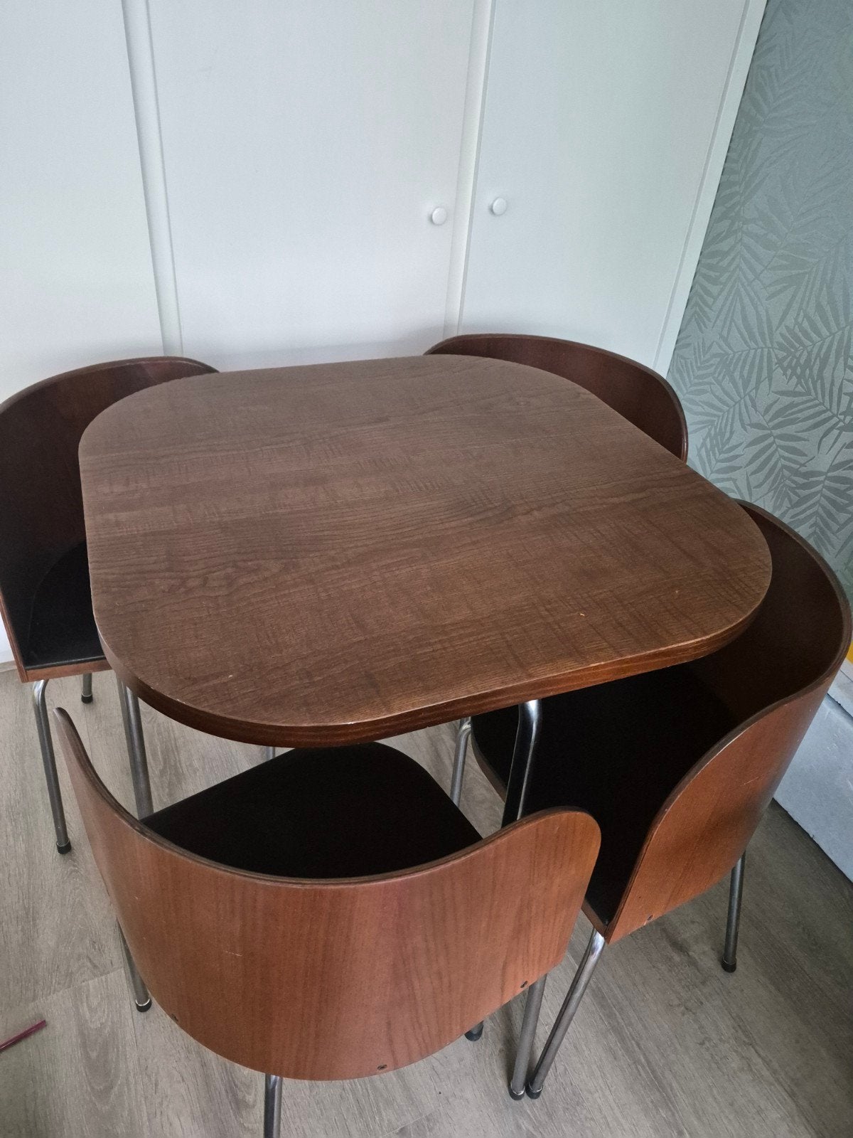 Compacte eettafel met 4 stoelen - 84x84 cm, Gebruikt, 50 tot 100 cm, Vierkant, 50 tot 100 cm