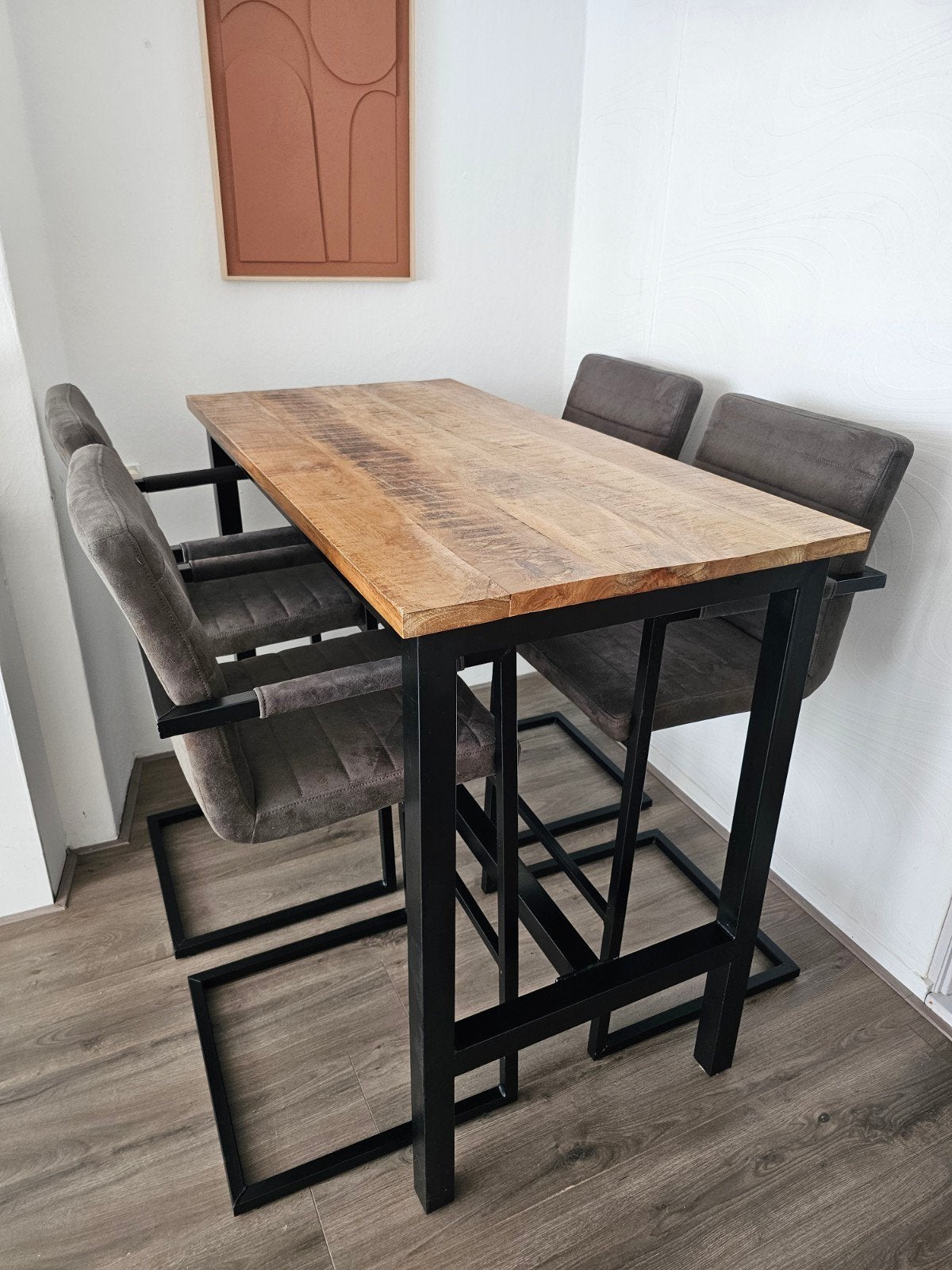 Hoge bartafel met 4 barkrukken - Industrieel design, 4 krukken, Ophalen, Gebruikt, 90 cm of meer