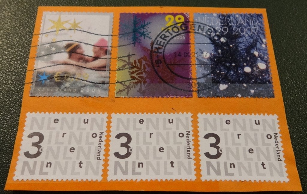 3 x Bijplakzegel 3 en 3 x Decemberzegels - PNe01-09, Postzegels en Munten, Postzegels | Nederland, Verzenden, Na 1940, Gestempeld